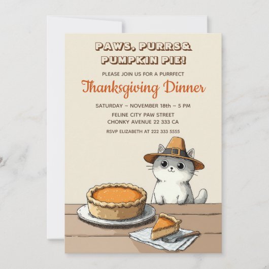 Cute Pilgrim Cat Purrfect Thanksgiving Dinner 招待状 (正面)