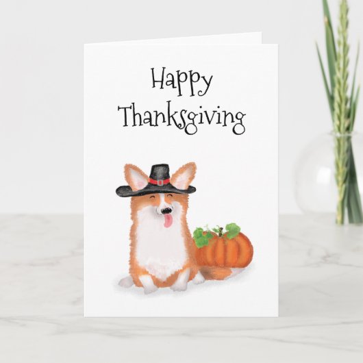 Cute pilgrim corgi with pumpkin Thanksgiving card カード (正面)