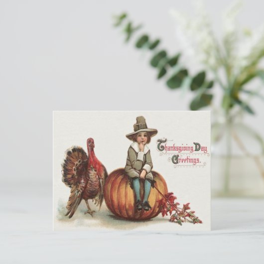 Cute Pilgrim Turkey Pumpkin Fall Leaves ポストカード (スタンド正面)