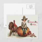 Cute Pilgrim Turkey Pumpkin Fall Leaves ポストカード (正面/裏面)