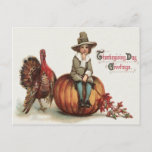 Cute Pilgrim Turkey Pumpkin Fall Leaves ポストカード<br><div class="desc">This pilgrim is having a relaxing Thanksgiving. This vintage Thanksgiving print depicts a cute little pilgrim boy sitting on top a pumpkin,  a turkey by his side. The boy is holding branch of Fall leaves.</div>