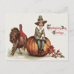 Cute Pilgrim Turkey Pumpkin Fall Leaves ポストカード