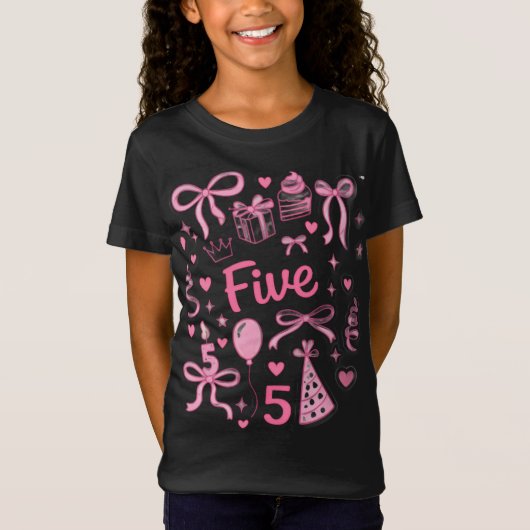 Cute Pink 5th Birthday Girl Shirt Five Bow Party D Tシャツ (正面)