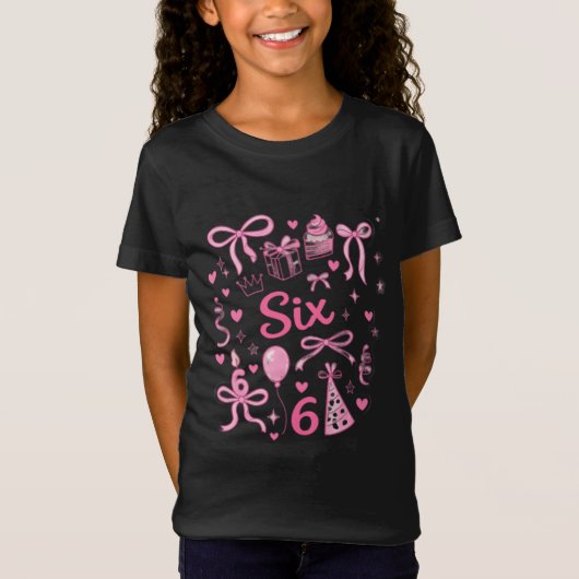 Cute Pink 6th Birthday Girl Shirt Six Bow Party De Tシャツ (正面)