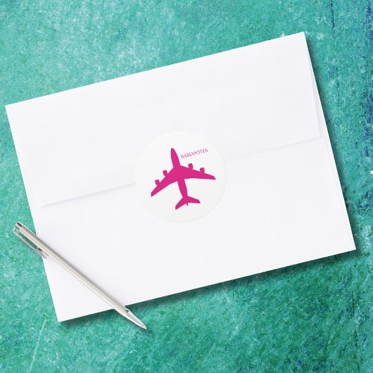 Cute Pink Airplane Girl Pilot Personalized  ラウンドシール