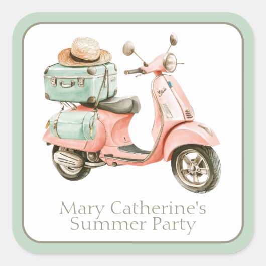 Cute Pink and Aqua Coastal Scooter スクエアシール (正面)