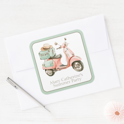 Cute Pink and Aqua Coastal Scooter スクエアシール (封筒)