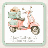 Cute Pink and Aqua Coastal Scooter スクエアペーパーコースター (正面)