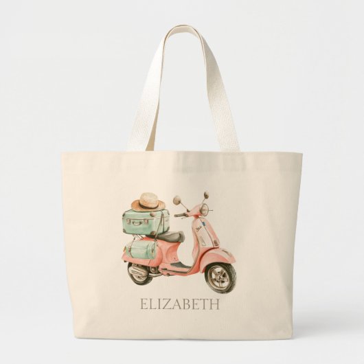 Cute Pink and Aqua Coastal Scooter ラージトートバッグ (正面)