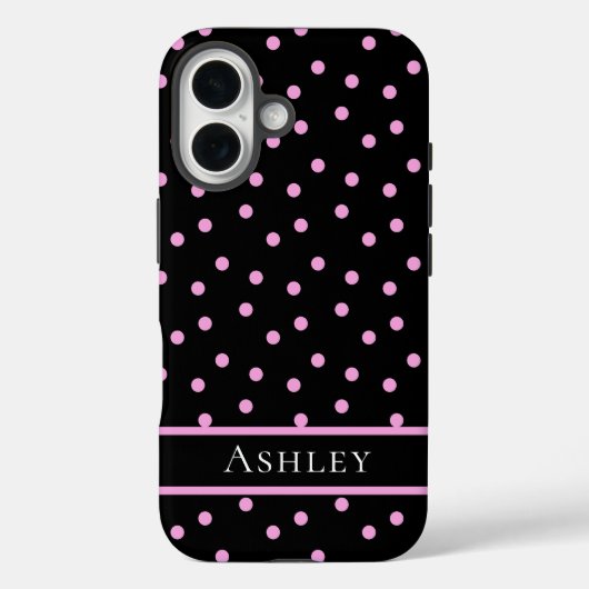 Cute Pink and Black Polka Dot Personalized Name Case-Mate iPhoneケース (裏面)