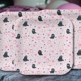 Cute Pink and Black Sweet Spooky Ghost Halloween ペーパープレート