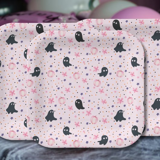 Cute Pink and Black Sweet Spooky Ghost Halloween ペーパープレート