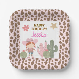 Cute Pink and Cow Print Cowgirl ペーパープレート