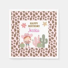 Cute Pink and Cow Print Cowgirl Birthday スタンダードカクテルナプキン