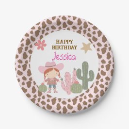 Cute Pink and Cow Print Cowgirl Birthday ペーパープレート