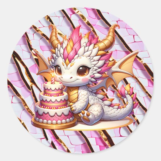 Cute Pink and Gold Dragon Girl's Birthday Party ラウンドシール (正面)