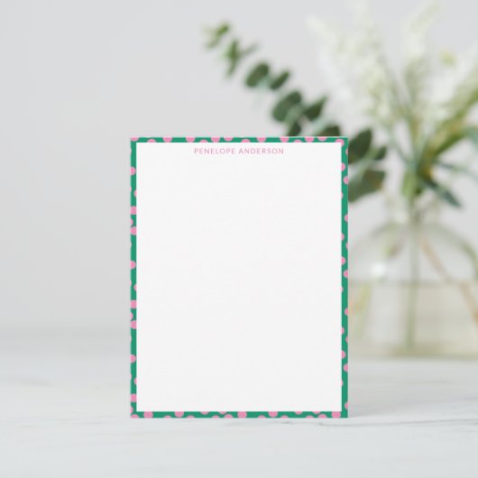 Cute Pink and Green Dots Personalized Stationery ノートカード (スタンド正面)
