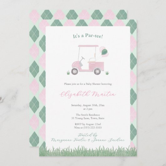 Cute Pink And Green Golf Theme Baby Girl Shower 招待状 (正面/裏面)