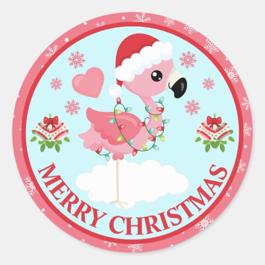 Cute Pink and Red Christmas Flamingo Winter ラウンドシール (正面)