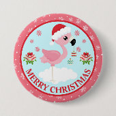 Cute Pink and Red Christmas Flamingo Winter 缶バッジ (正面)