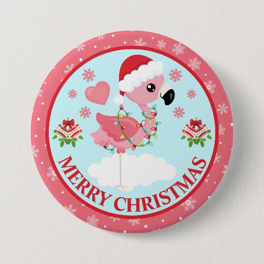 Cute Pink and Red Christmas Flamingo Winter 缶バッジ (正面)