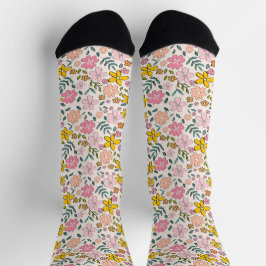 Cute Pink and Yellow Floral Pattern ソックス