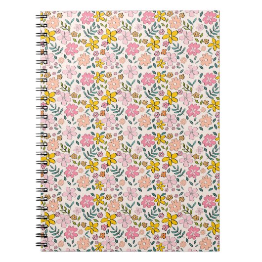 Cute Pink and Yellow Floral Pattern ノートブック (正面)