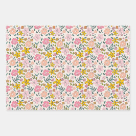 Cute Pink and Yellow Floral Pattern ラッピングペーパーシート