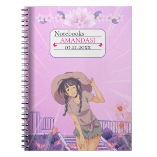 Cute-Pink Anime Girl Floral Aesthetic Notebook ノートブック