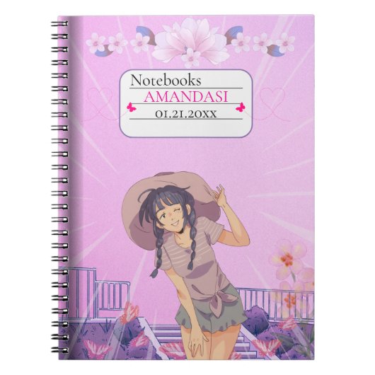 Cute-Pink Anime Girl Floral Aesthetic Notebook ノートブック (正面)