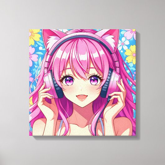 Cute Pink Anime Girl with Headphones キャンバスプリント (正面)