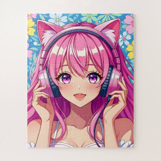 Cute Pink Anime Girl with Headphones ジグソーパズル (縦)