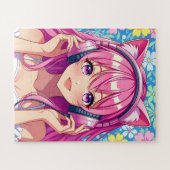 Cute Pink Anime Girl with Headphones ジグソーパズル (横)