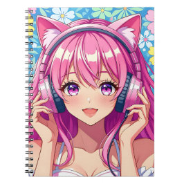 Cute Pink Anime Girl with Headphones ノートブック