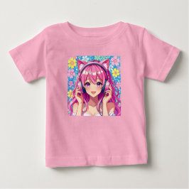 Cute Pink Anime Girl with Headphones   ベビーTシャツ