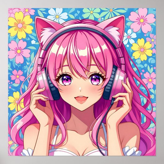Cute Pink Anime Girl with Headphones ポスター (正面)