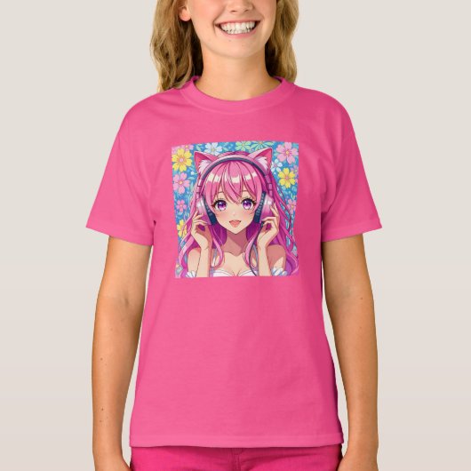 Cute Pink Anime Girl with Headphones   Tシャツ (正面)