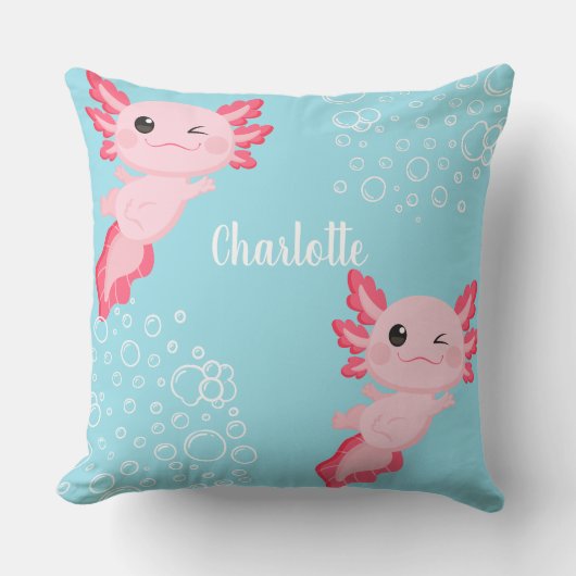 Cute Pink Axolotl Aqua Blue Underwater Kids クッション (正面)