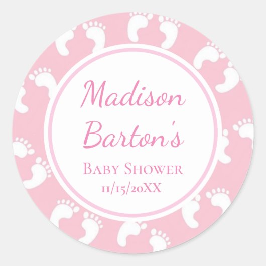 Cute Pink Baby Footprints Custom Girl Baby Shower ラウンドシール (正面)