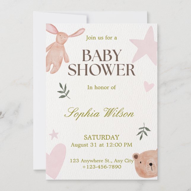 Cute Pink Baby Shower Watercolor Floral Pastel (正面)