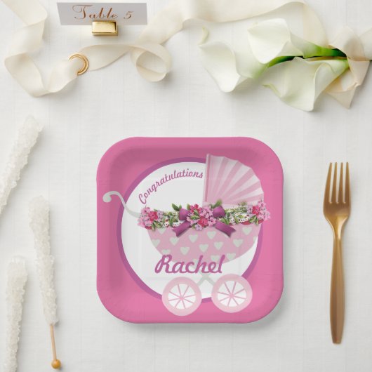 Cute Pink Baby Stroller ペーパープレート (ウェディング)
