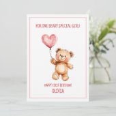 Cute Pink Balloon Teddy Bear Happy 1st Birthday カード (スタンド正面)