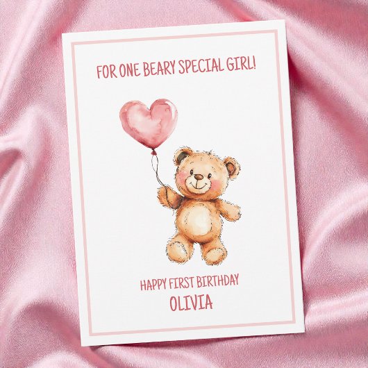 Cute Pink Balloon Teddy Bear Happy 1st Birthday カード