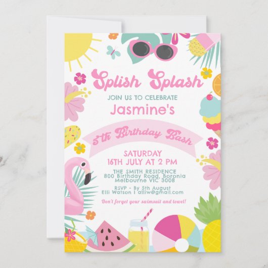 Cute Pink Banner Retro Splish Splash 5th Birthday 招待状 (正面)