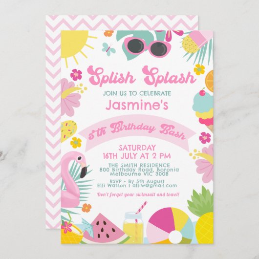Cute Pink Banner Retro Splish Splash 5th Birthday 招待状 (正面/裏面)