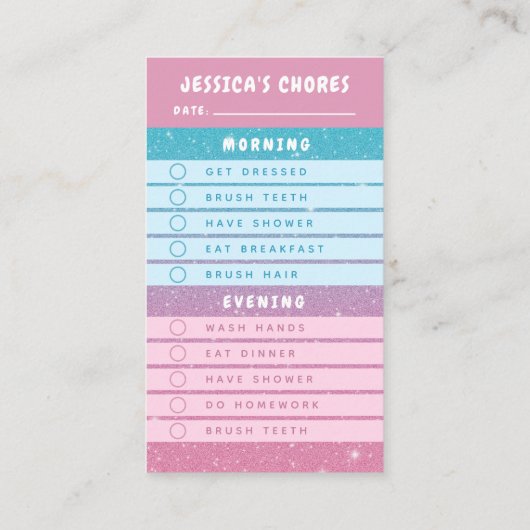 Cute Pink Blue Glitter Kids Daily Chores 名刺 (裏面)