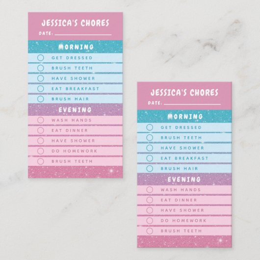Cute Pink Blue Glitter Kids Daily Chores 名刺 (正面/裏面)