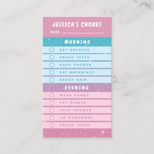 Cute Pink Blue Glitter Kids Daily Chores 名刺 (正面)