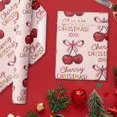 Cute Pink Bow and Red Cherry Christmas Pattern ラッピングペーパー