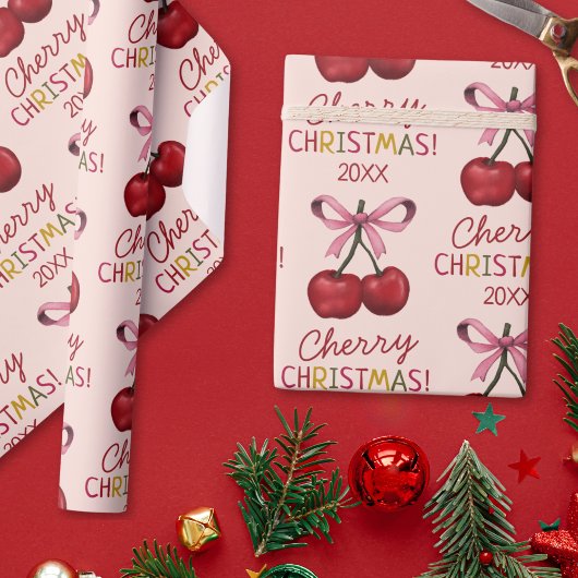 Cute Pink Bow and Red Cherry Christmas Pattern ラッピングペーパー